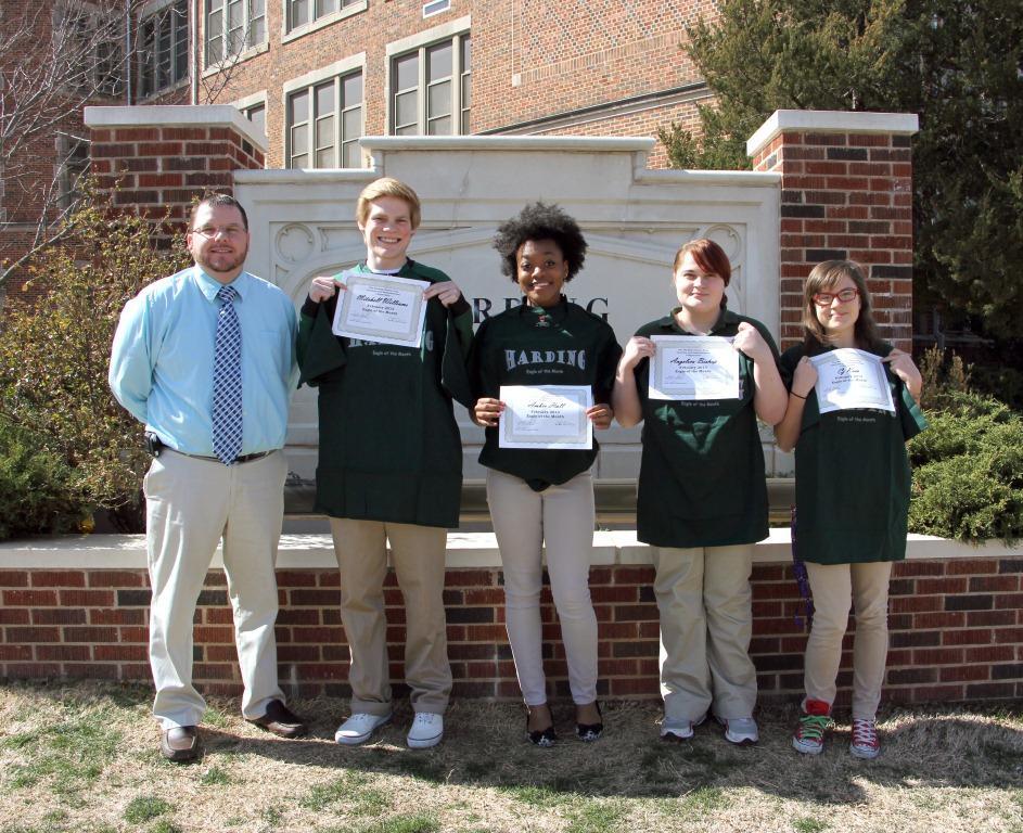 From left: Head Principal Justin Hunt, sophomore Mitchel Williams, senior Amber Hall, junior Angelica Bishop and freshman CJ Koso. These Awesome Eagles received a t-shirt, a certificate, a free clothes day and a lunch with Hunt to celebrate being selected for this honor.