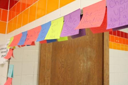 STUCO members Vy Ha, Kamri Johnson, Damaris Lopez, Ashley Medice and Marsheona Welch placed insipiring post-it notes around the mirror in the girls bathroom.