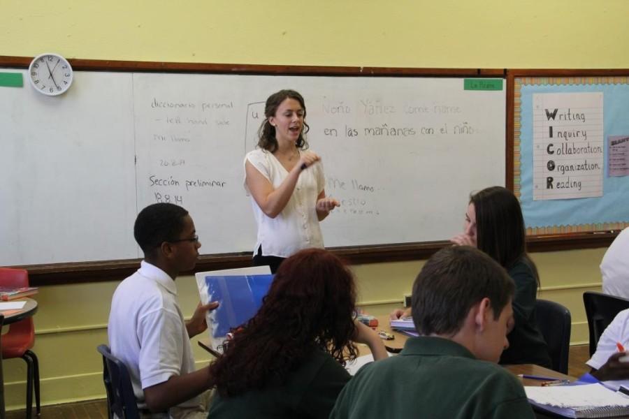 Allison Stroud gives instructions to her Spanish I class in August. 