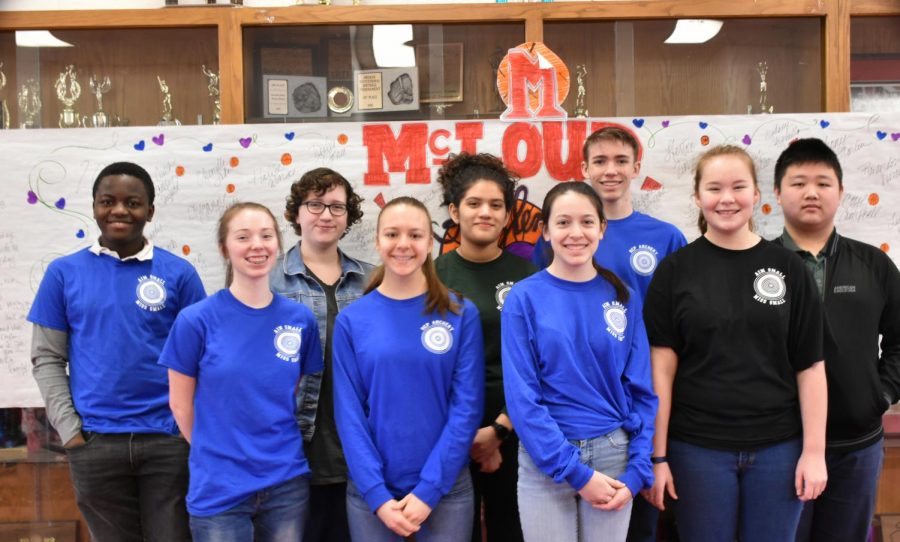 Archery Team at the Mcloud tournament left to right: Mensah Anthony, Mary Marble, Micah McMahan, Grace Wilkes-Ball, Gwen Herrada, Kristen Higgins, Nathan Carr, Korbin Nida, and Winson Chen