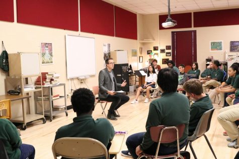 A visitor from AMC@UCO talks with students about the realities of music careers at the inaugural Career Day.