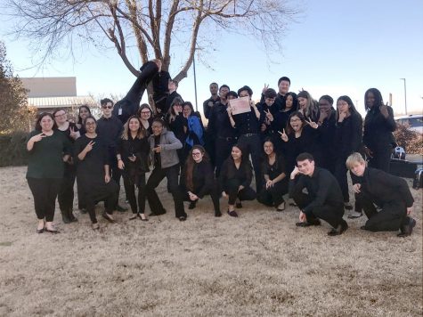 HCP Orchestra students pose outside Edmond Santa Fe High School with their Excellent rating certificate.