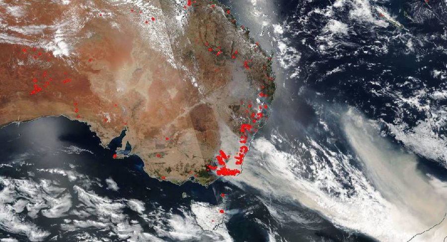 This NASA image shows the location of the bushfires in southeast Australia. The fires have burned over 32,400 square miles as of Jan. 7, an area of land 80 times larger than the fires that burned in California in 2019.