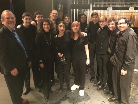 HCP band students with special guest Mike Lowery. From left: Mike Lowery, Sean Carr, Gwen Herrada, Michael LaSala, A.C. Uribe, Gage Catteeuw, Ashton West, Reyna Sun, Malachai Canty, Eduardo Benitez-Mejia, August Biggs, Ryan McLaughlin and Leonardo Moreno-Gordillo.