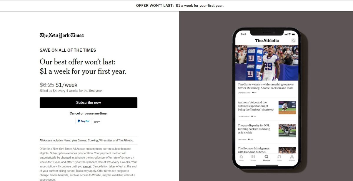 New York Times promotion for $1/week. Many people click away instead of paying for news. 