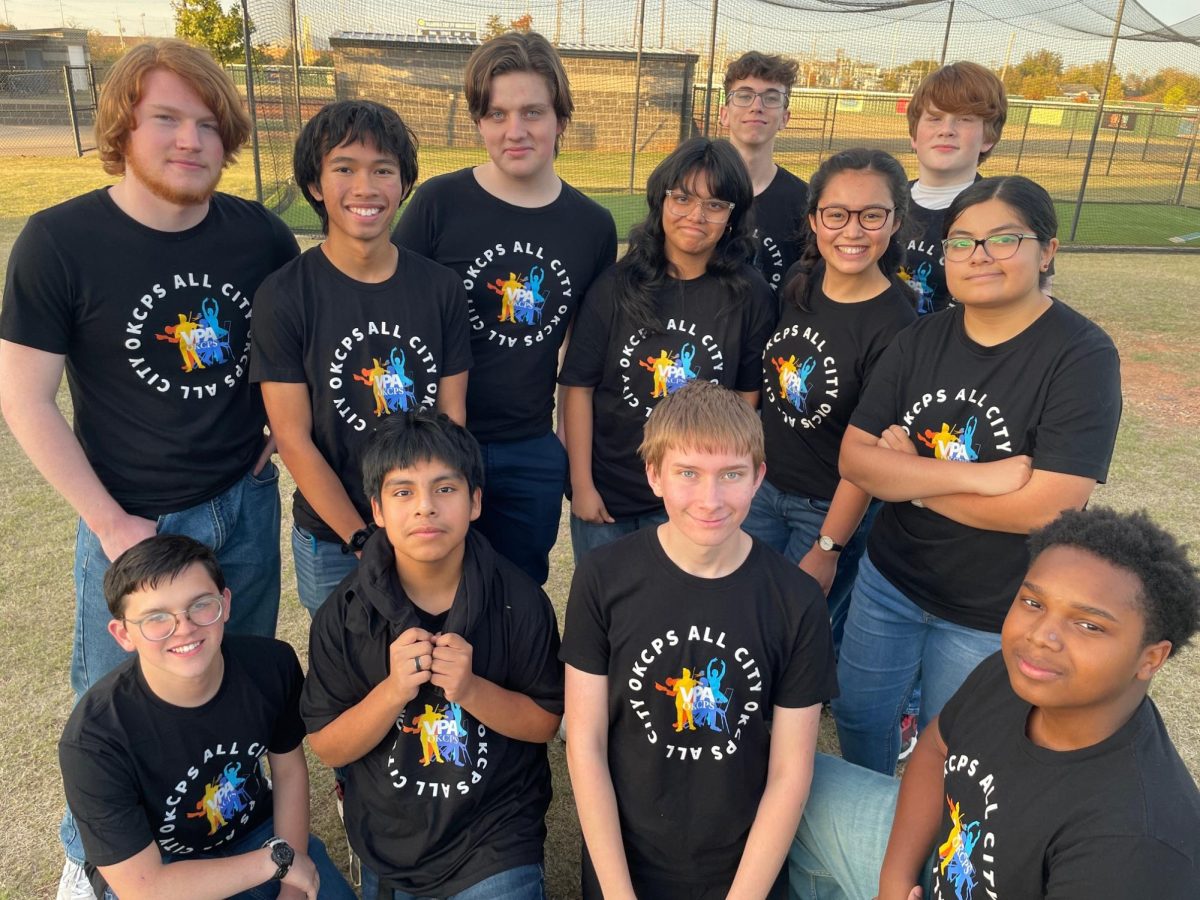 Students from the orchestra participated at the OKC All City Orchestra program on Nov. 8. Front row: Austin Stewart, Hector Moreno-Enrique, Joshua Taylor and Myles Wilson. Back row: Ben Peters, Raimi Shadick, Cameron Tippin, Danna Zuniga-Moore, Elijah Webster, Zoe Hsu, Peter Etherington and Mareli Dominguez.
